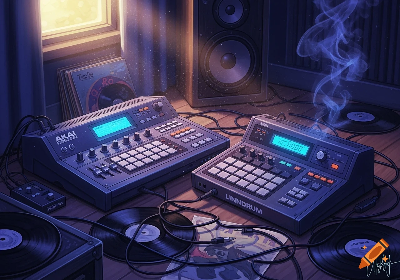 Digital art of two drum machines and vinyl records on a wooden floor, bathed in a warm light from a window and cool blue ambiance with smoke.