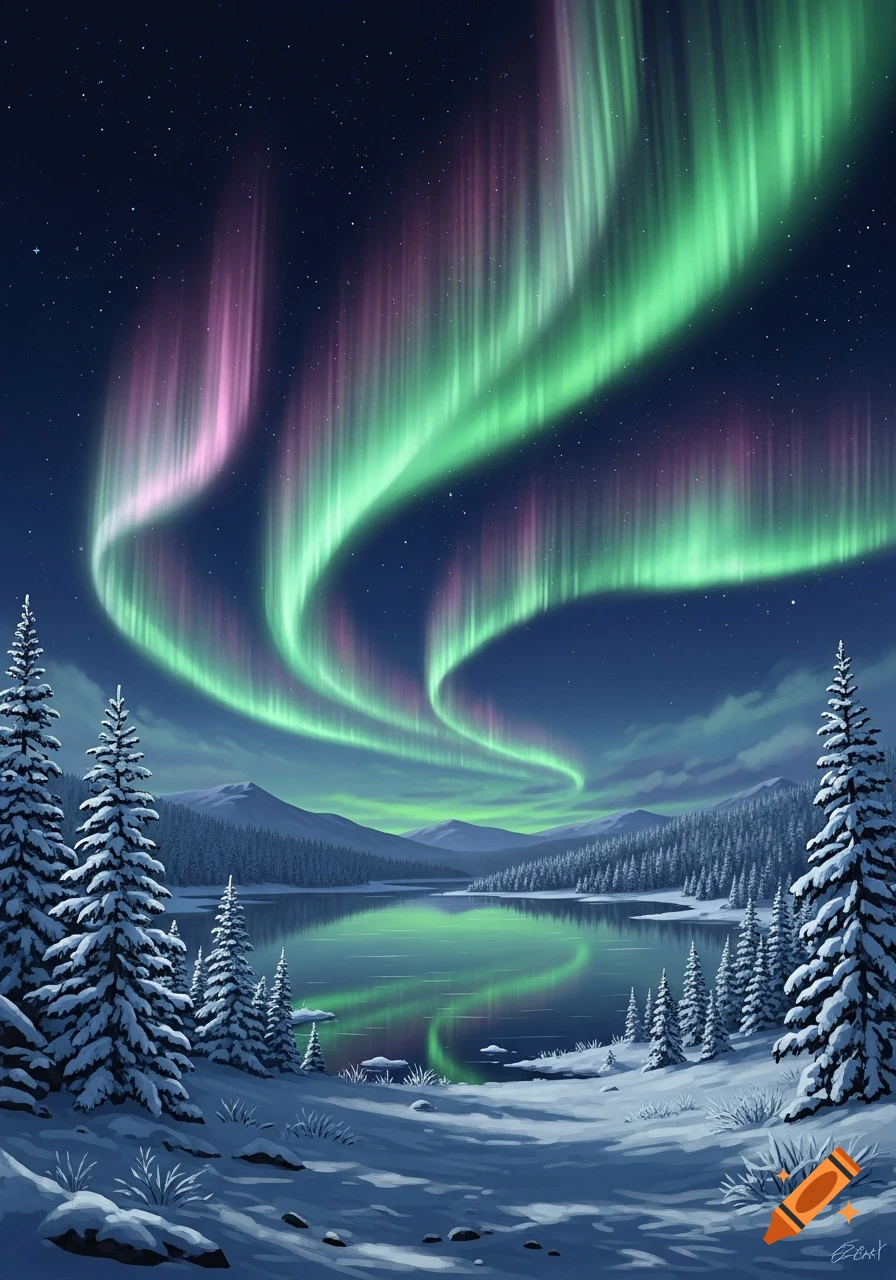 Vibrant green and pink aurora borealis reflecting on a calm lake, surrounded by snow-covered pine trees and mountains under a starry night sky.
