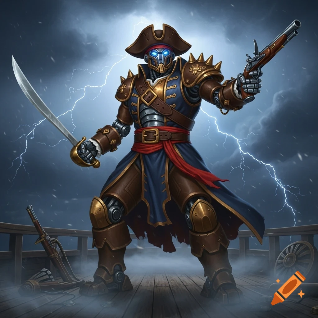 A detailed illustration of a robot pirate standing on a ship deck during a storm, holding a cutlass and a flintlock pistol.