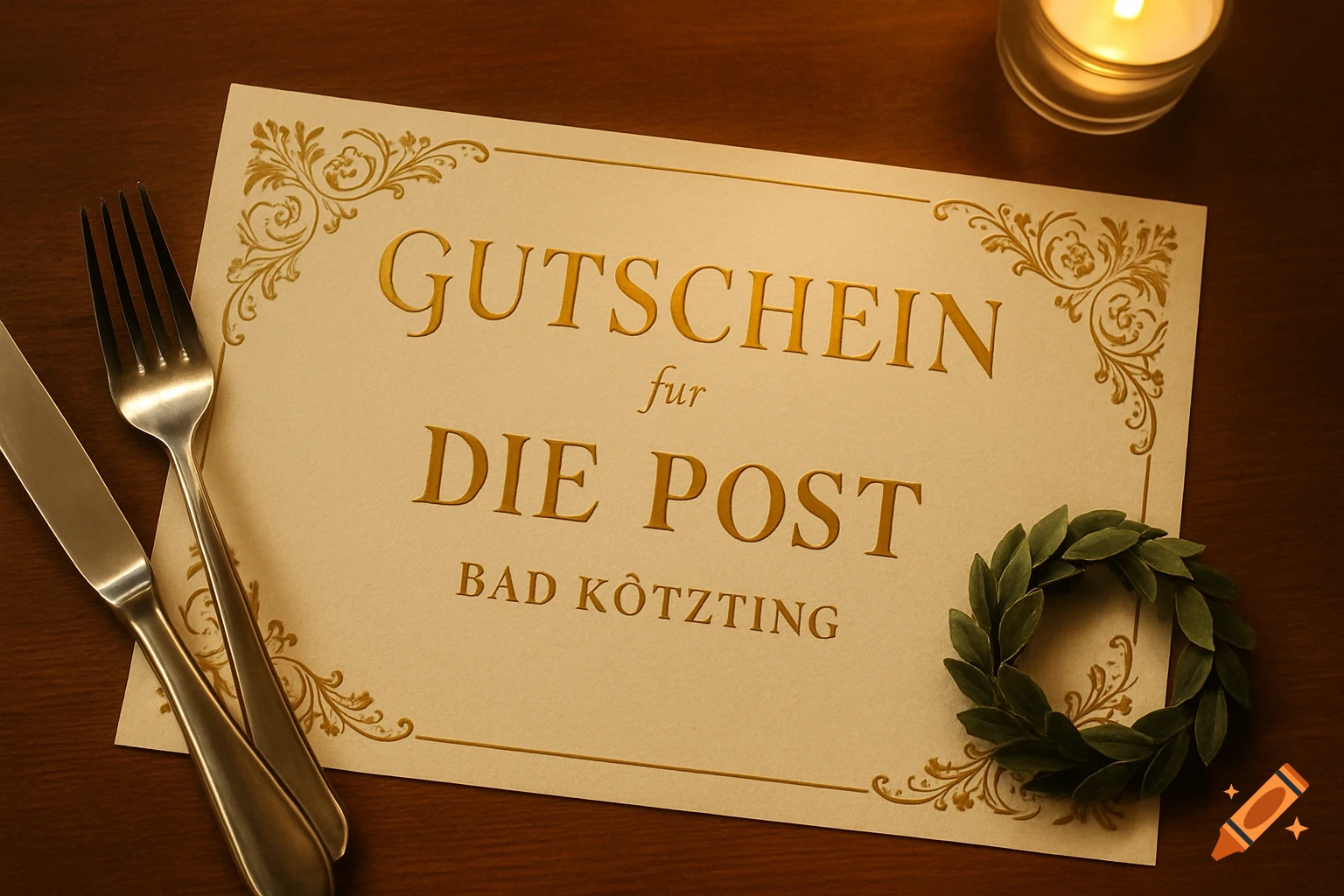 A gold-embossed voucher for "Die Post" in "Bad Kötzting" on a wooden table with cutlery, a small wreath, and a lit candle.