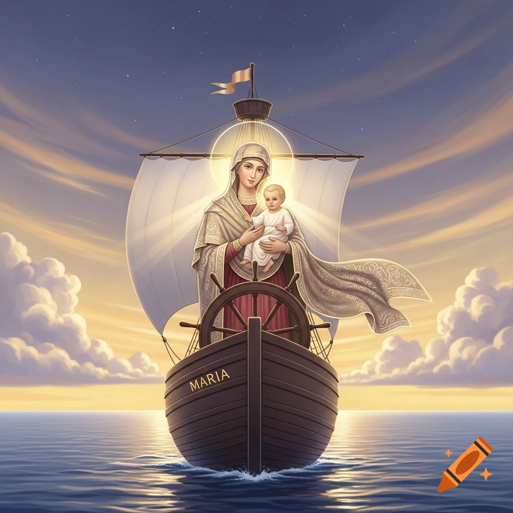 Illustrated Virgin Mary holding Baby Jesus on a boat named 'MARIA' on a calm sea under a dramatic sky.