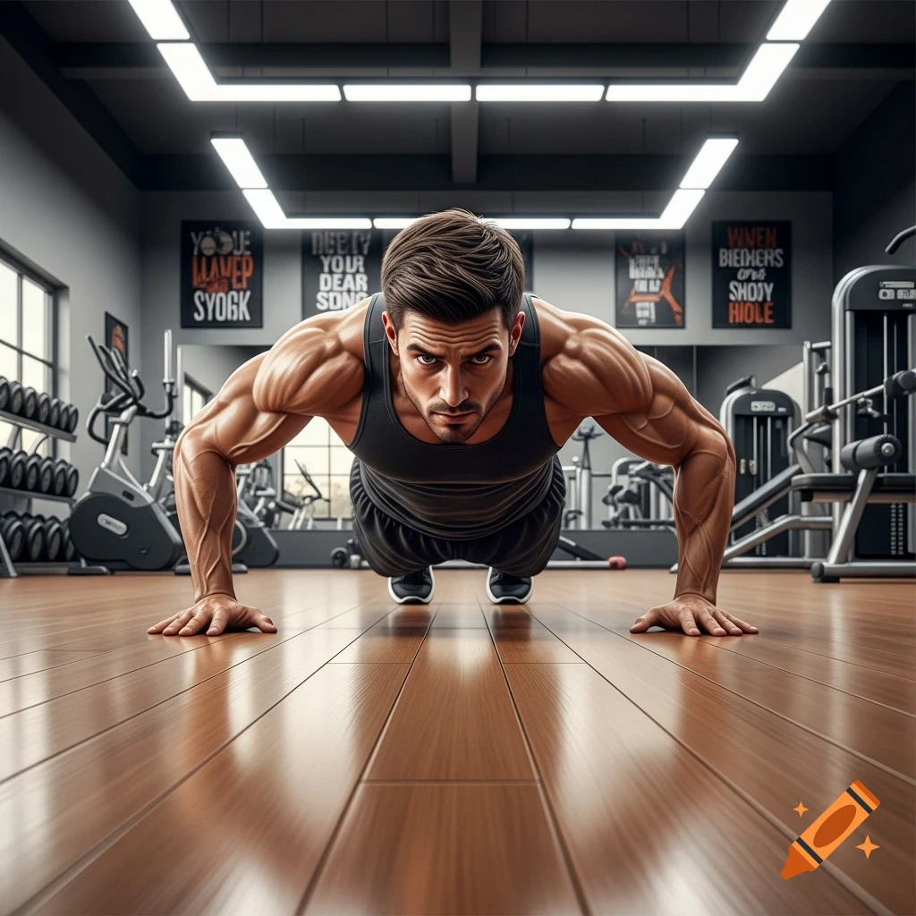 A muscular man in a black tank top doing a push-up on a wooden floor in a gym, looking intensely at the viewer.