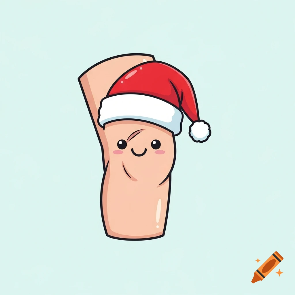 A cute cartoon human knee wearing a Santa hat, smiling, on a light blue background.