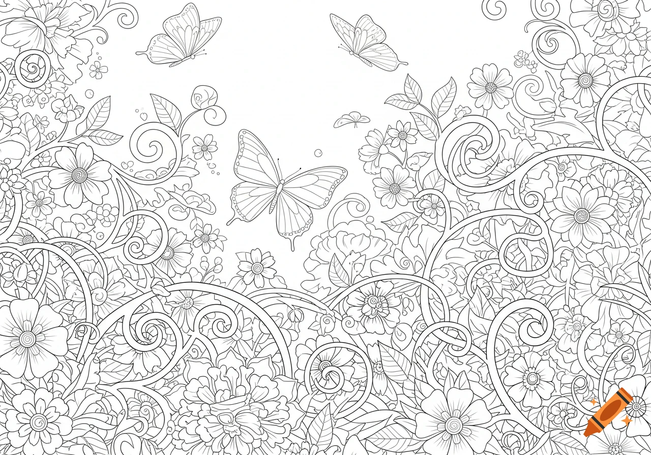 Detailed black and white line art of swirling flowers, leaves, and three butterflies, in a coloring book style.