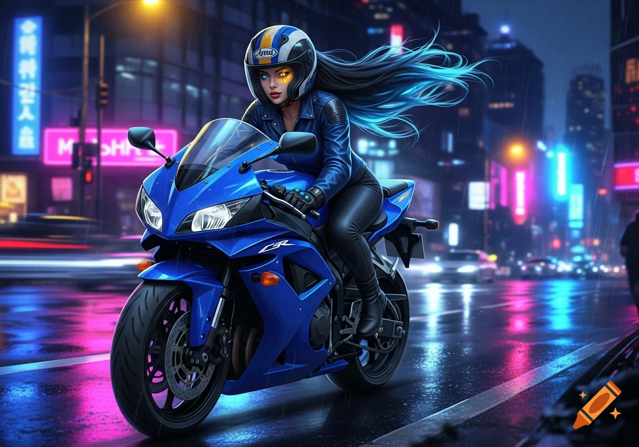 A woman with blue-tipped hair and different colored eyes rides a blue sport motorcycle through a neon-lit futuristic city street at night.