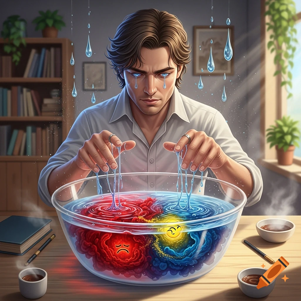 A man with glowing blue eyes gently manipulates emotional water in a bowl, featuring red anger and blue joy, in a magical realism style.