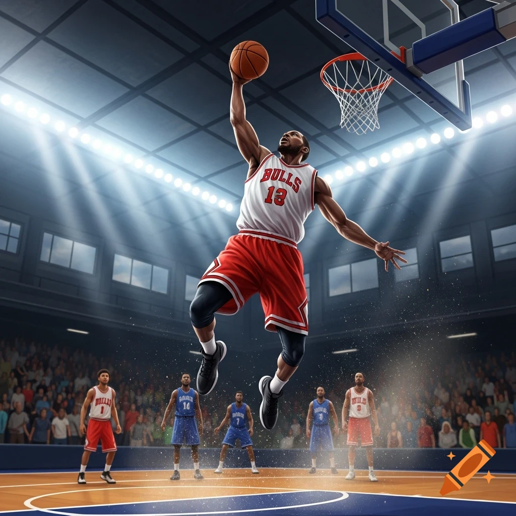 A male basketball player in a white and red 'BULLS' jersey jumps for a dunk in a brightly lit stadium with spectators.