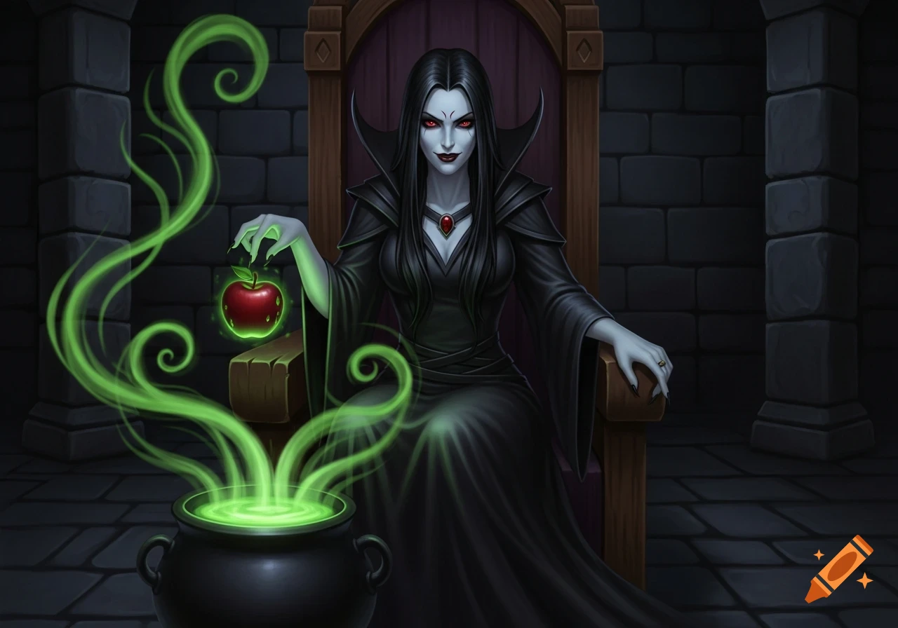 An evil queen with black hair and red eyes holds a glowing poisoned apple over a bubbling green cauldron.