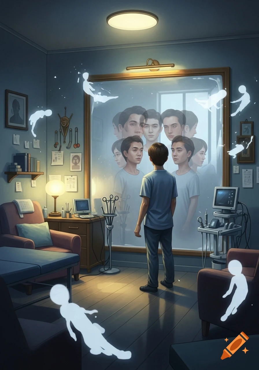 A man looks into a mirror reflecting multiple faces in a dimly lit room with floating ghostly figures. Digital art.