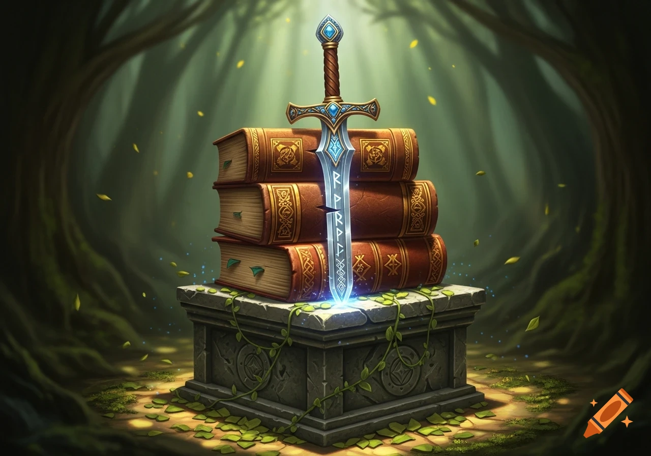 A glowing sword piercing through a stack of three ornate books, resting on a stone pedestal covered in ivy, set in a mystical forest with light rays and falling leaves.