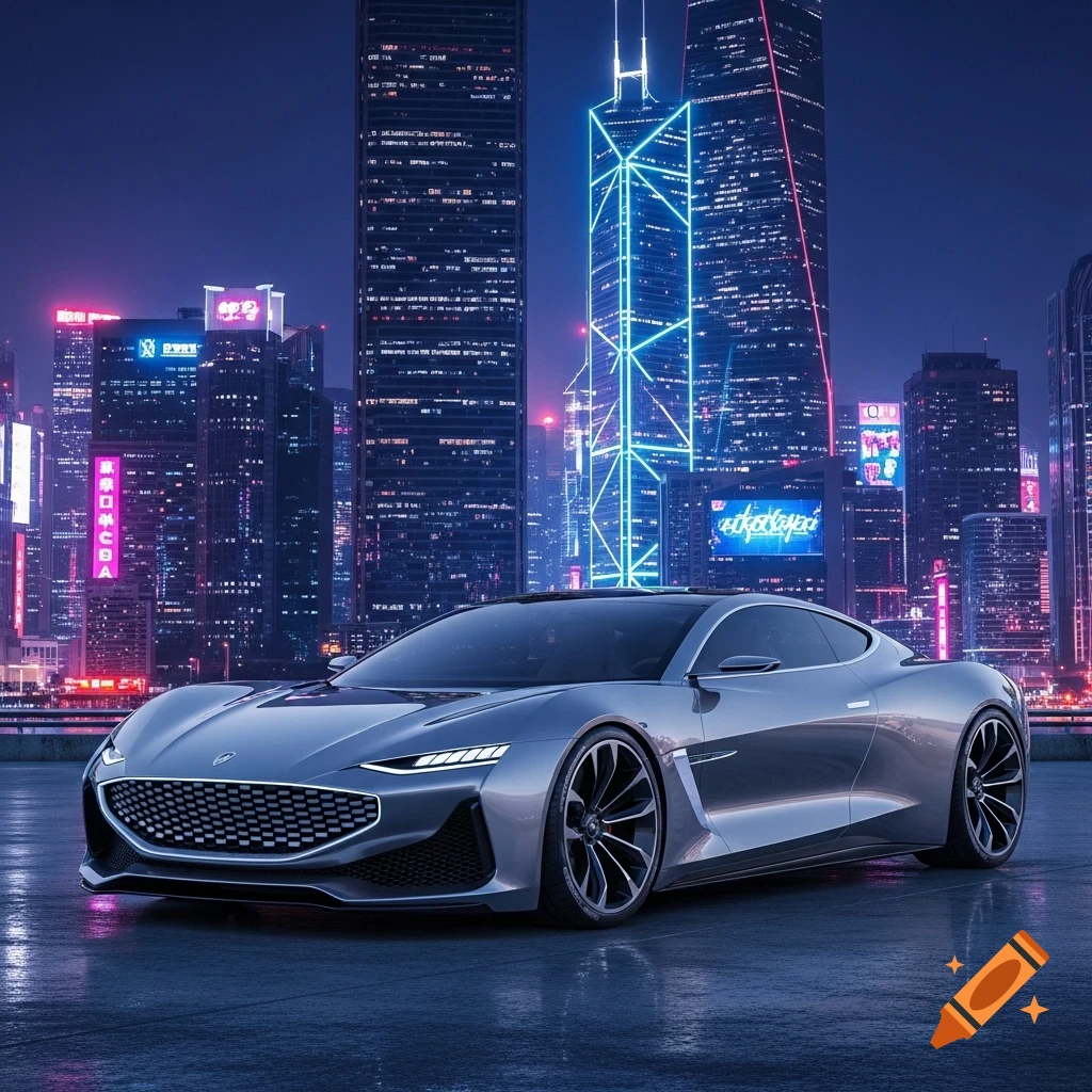A sleek silver concept car parked on a reflective surface in front of a futuristic city skyline with glowing neon lights at night.