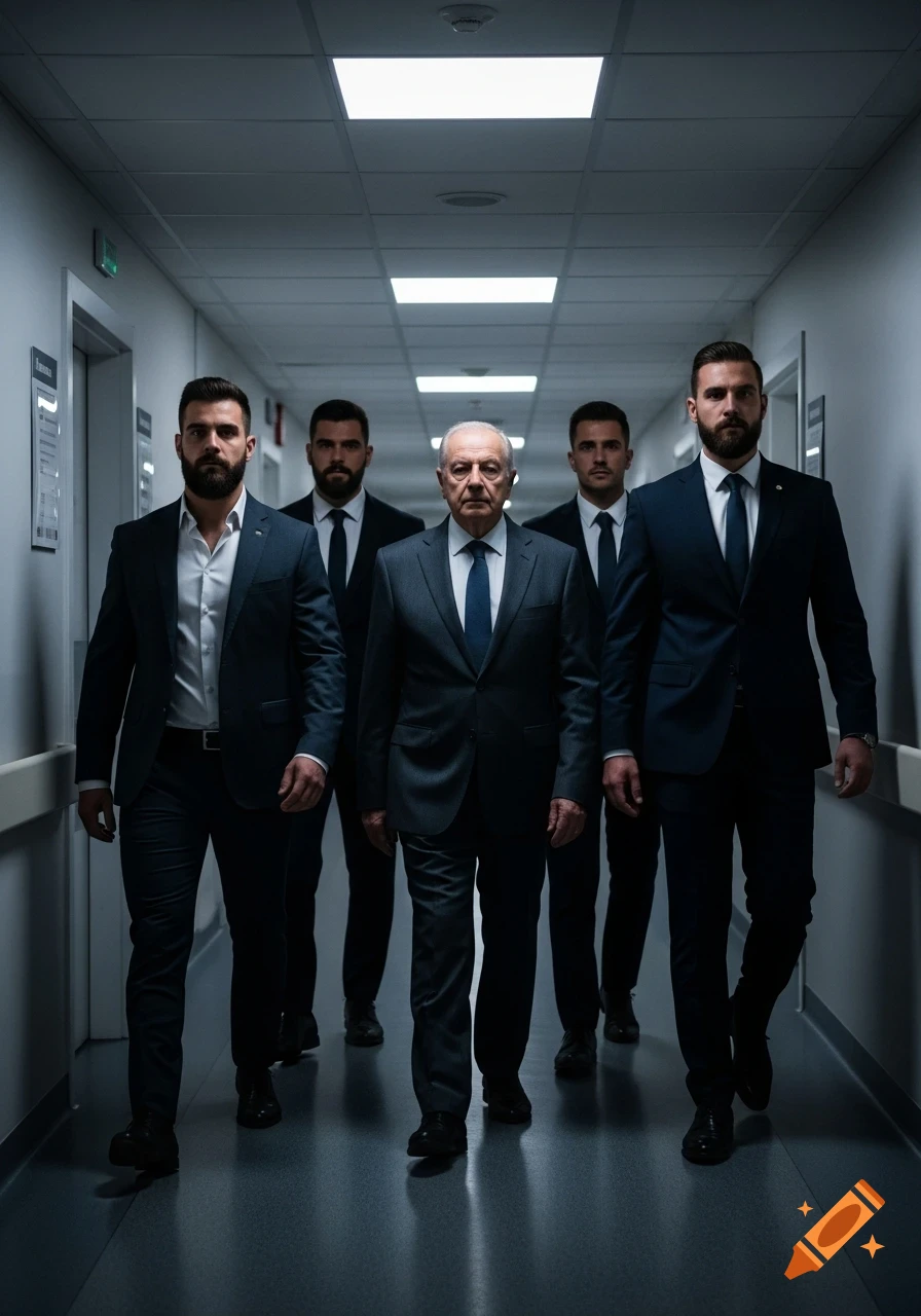 A group of five men in dark suits, an older man escorted by four bodyguards, walk down a dimly lit hospital corridor, in a photorealistic style.