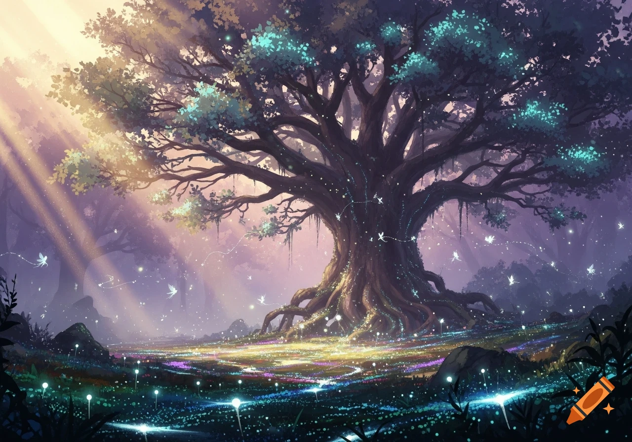 An enchanting fantasy forest scene featuring a massive, ancient tree surrounded by glowing lights and tiny fairies, bathed in ethereal light.
