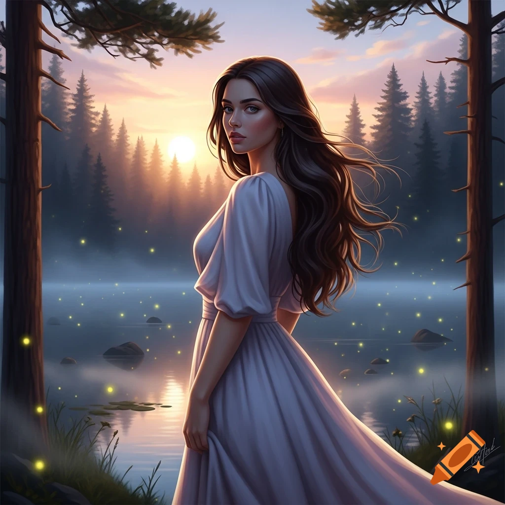 Young woman in a white dress by a misty lake at sunset, surrounded by ...