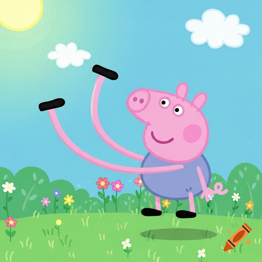 George Pig with elongated pink limbs and floating black hands and shoes in a sunny green field with flowers and bushes.