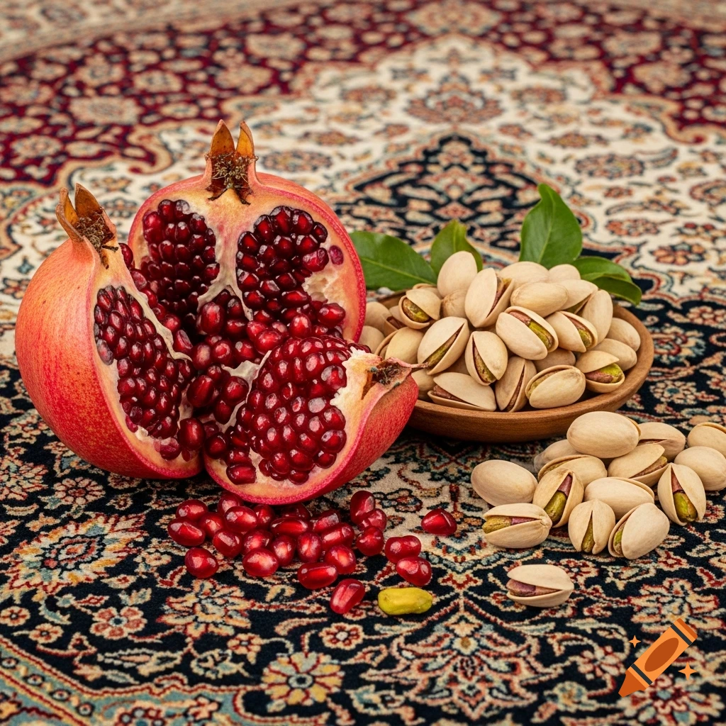 Vibrant still life of a split pomegranate with ruby seeds and pistachios on an ornate Persian rug.