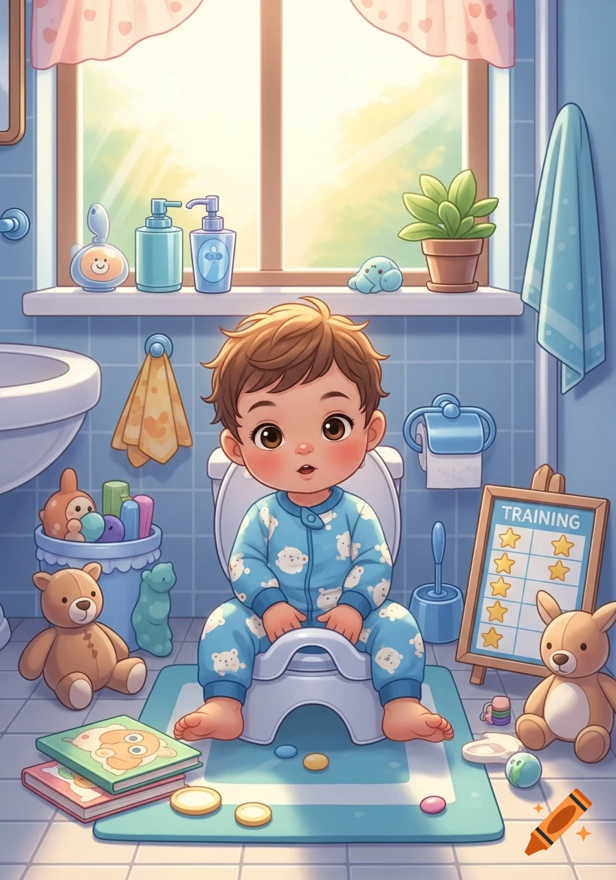 A cartoon toddler in blue pajamas sits on a potty chair in a bright bathroom, next to a training chart with stars.