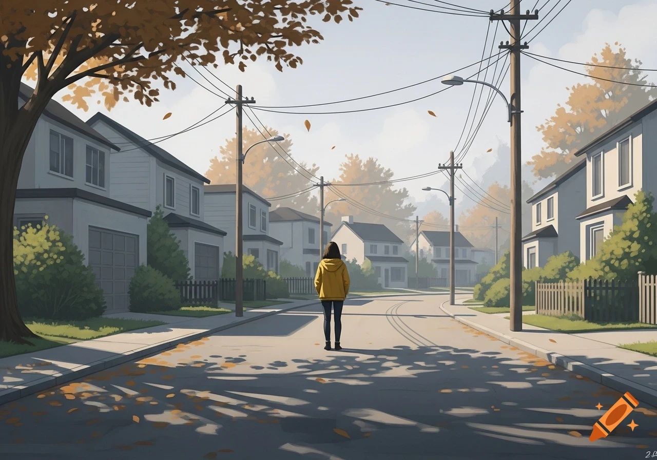 A person in a yellow jacket walks down a suburban street lined with houses and autumn trees. Leaves and shadows dot the road.
