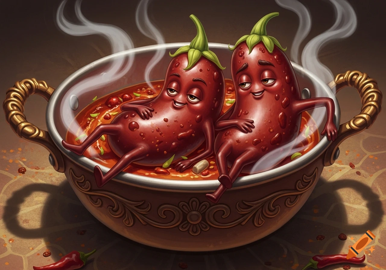 Two smiling, anthropomorphic eggplants with arms and legs lounge comfortably in a steaming pot of red chili. Detailed cartoon concept art.