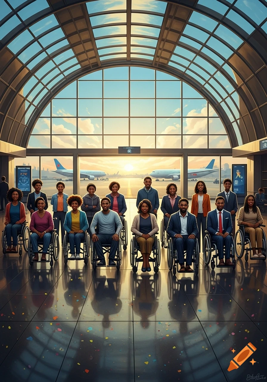 A diverse group of African Americans in wheelchairs smile, posing in a bright airport terminal with planes visible outside.