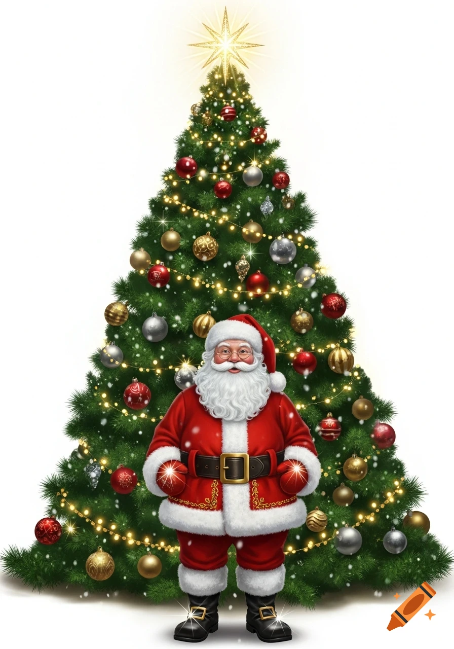 Santa Claus stands in front of a tall green Christmas tree decorated with red, gold, and silver baubles, warm lights, and a star.