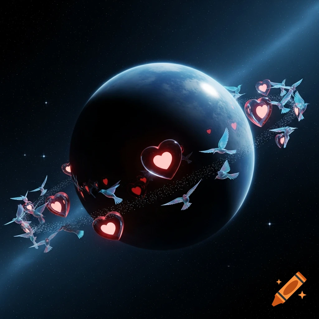 A dark, polished planet in space orbited by glowing red hearts and light blue birds amidst stars.