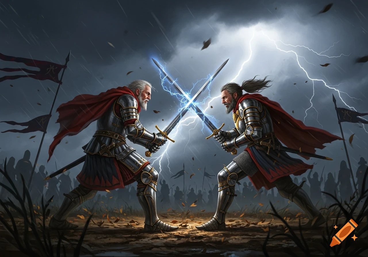 Two armored knights with red capes clash swords amidst lightning during a stormy fantasy battle.