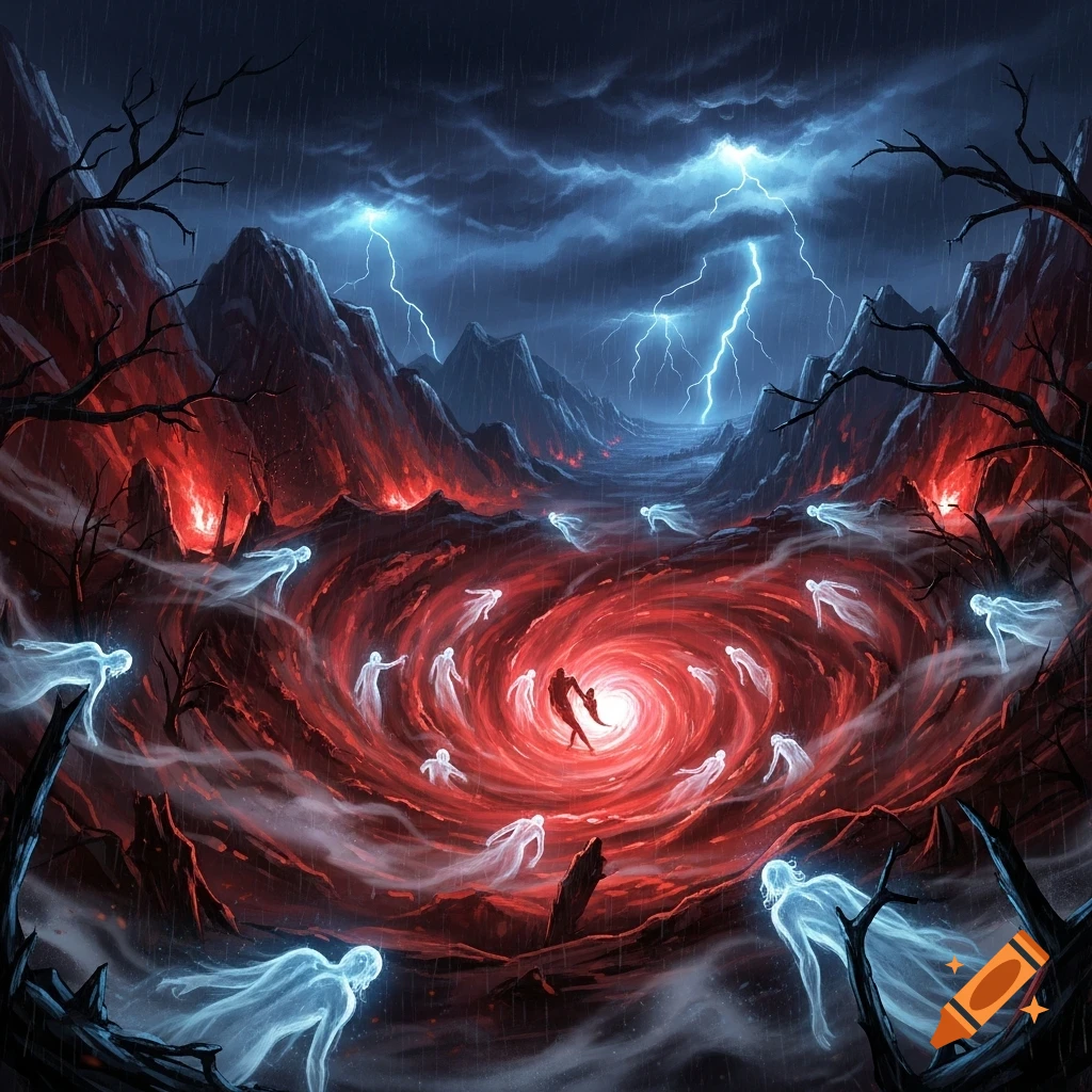 Dark fantasy art of a hellish landscape with a red vortex, ghostly figures, and two humanoids struggling under a stormy, lightning sky.