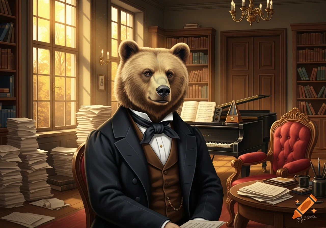An anthropomorphic bear in a formal suit and bow tie sits in a grand, sunlit study with bookshelves and a piano.
