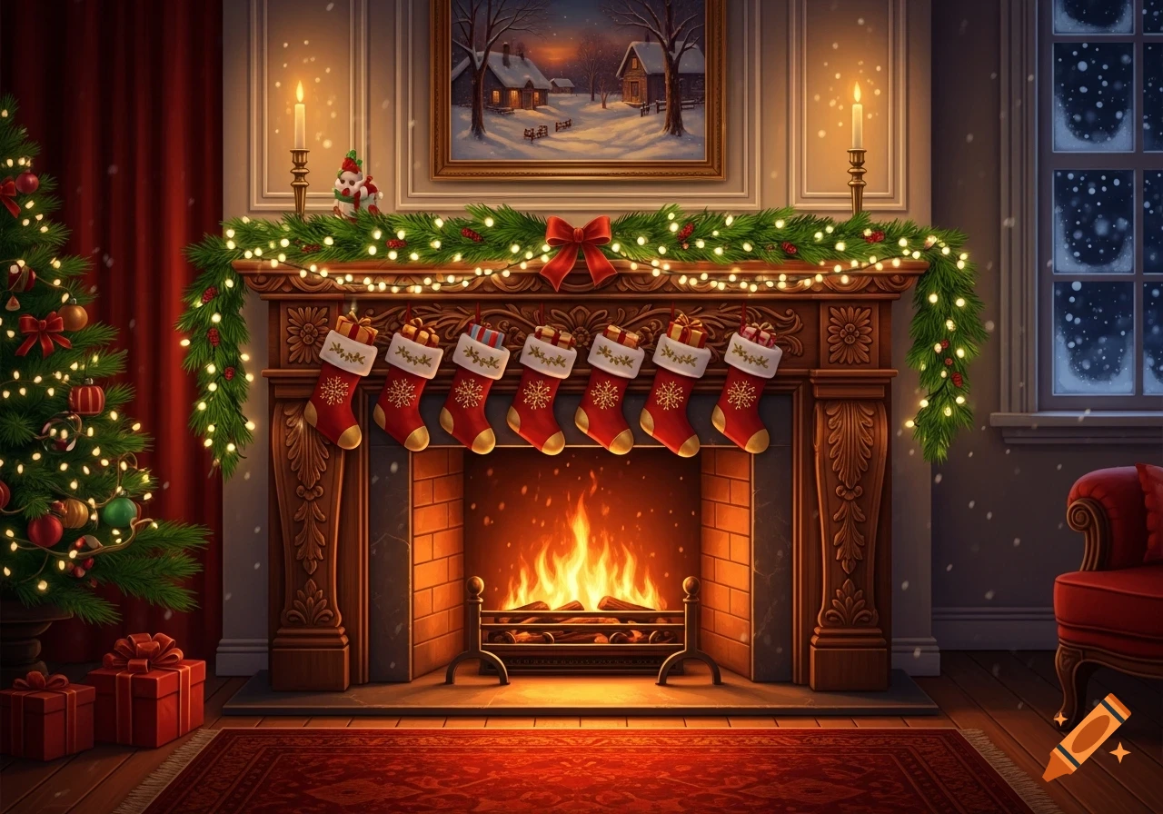A cozy Christmas living room with a decorated fireplace, hung stockings, a brightly lit Christmas tree, and snow falling outside a window.