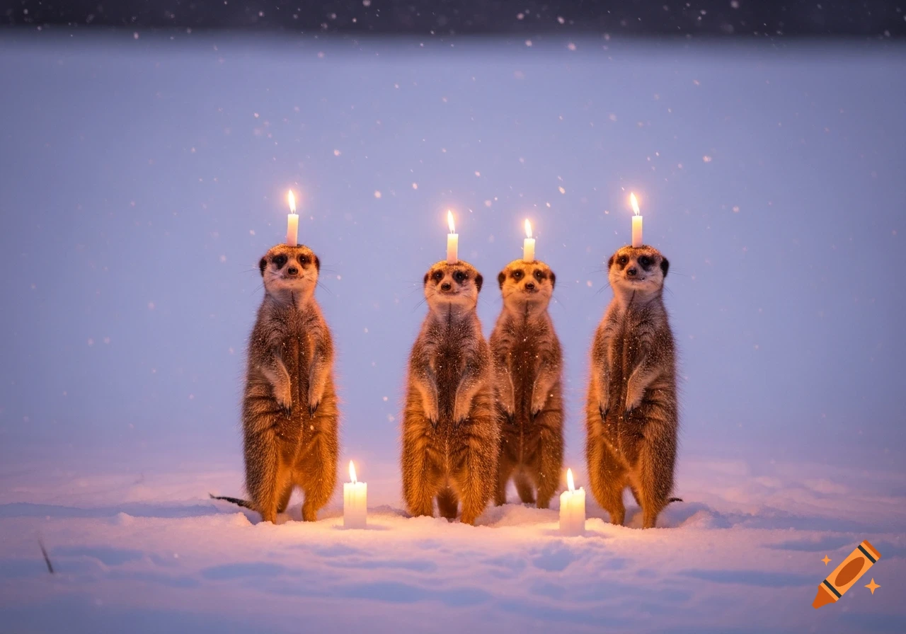Four photorealistic meerkats stand in snow, each balancing a lit candle on its head, with two more candles on the ground.