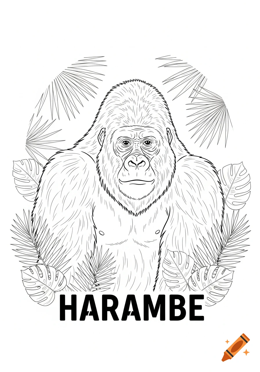 Line art drawing of a gorilla's bust surrounded by tropical leaves, with the word HARAMBE below.
