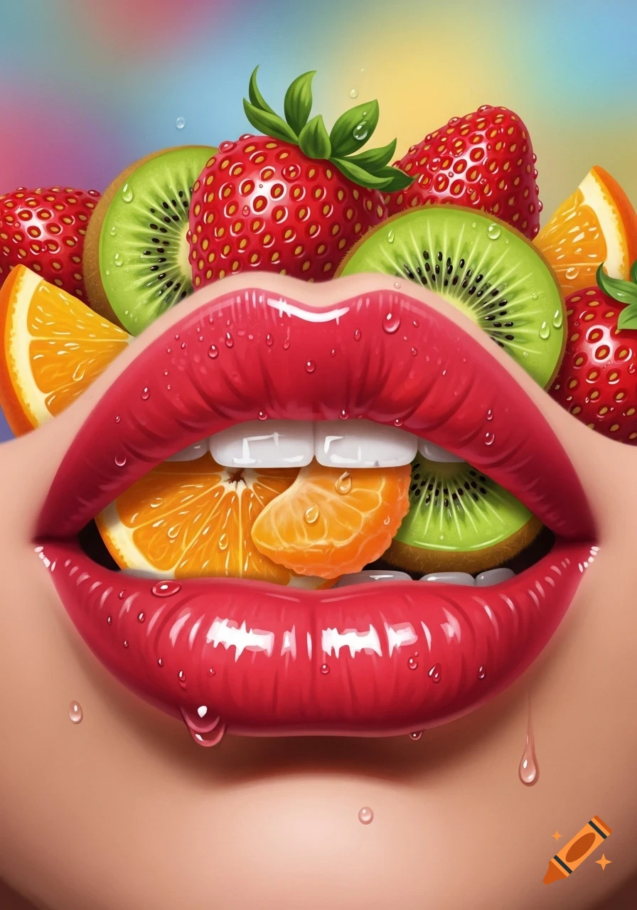 A close-up illustration of shiny red lips holding juicy orange and kiwi slices, surrounded by strawberries and water droplets.