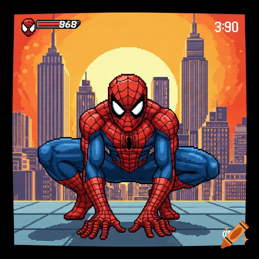 Pixel Art Spider Man Crouches On A Rooftop Overlooking A City At Sunset pixel-art-spider-man-crouches-on-a-rooftop-overlooking-a-city-at-sunset