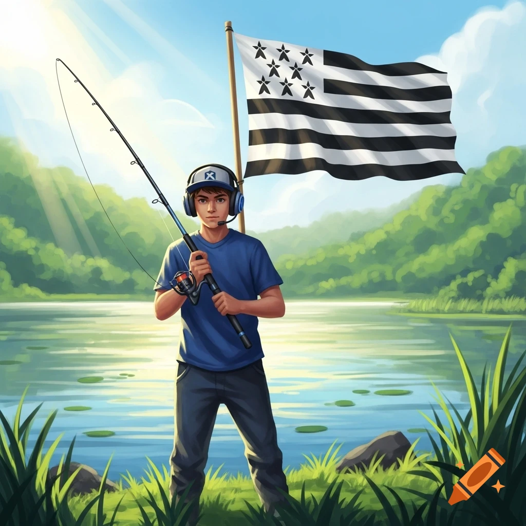 Young boy with headphones and fishing rod stands by a lake, a Breton flag waving behind him under a sunny sky.