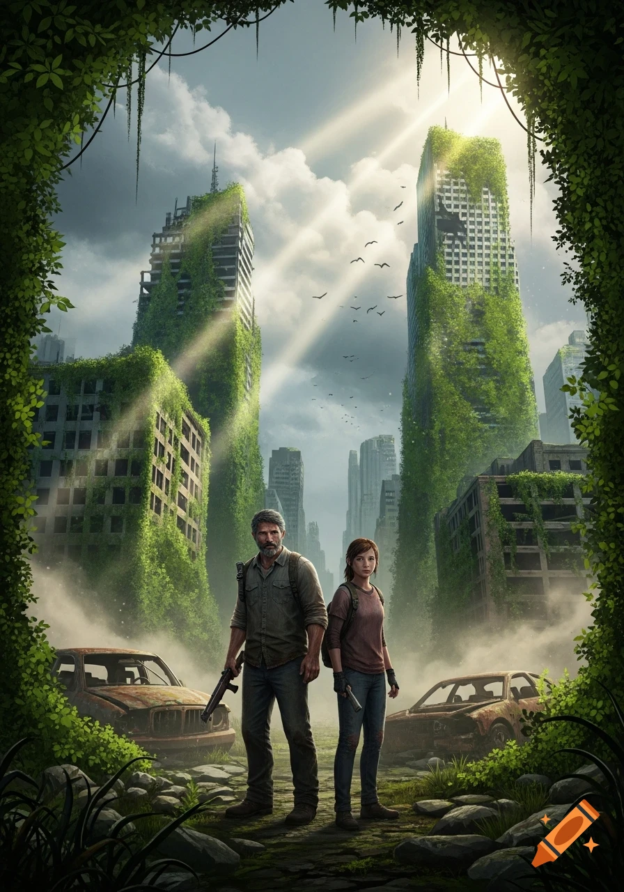Joel and Ellie from The Last of Us stand in a post-apocalyptic city with overgrown buildings and abandoned cars, sunlight shining through clouds.