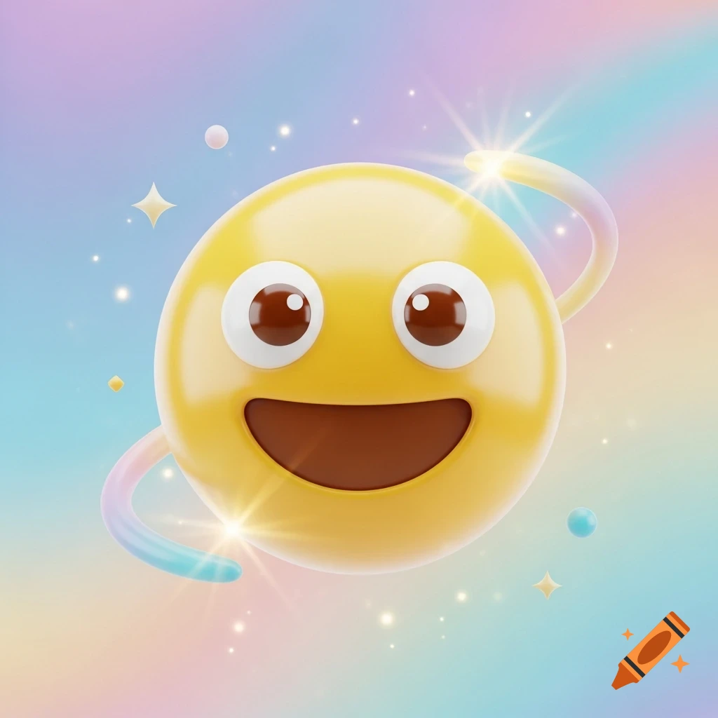 A shiny yellow 3D emoji face with big eyes and a wide smile, a colorful ring, and sparkles on a pastel rainbow background.