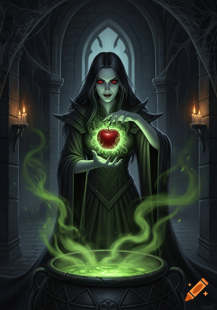 A dark sorceress with red eyes and a malicious smile holds a glowing red enchanted apple over a bubbling cauldron in a gothic chamber.