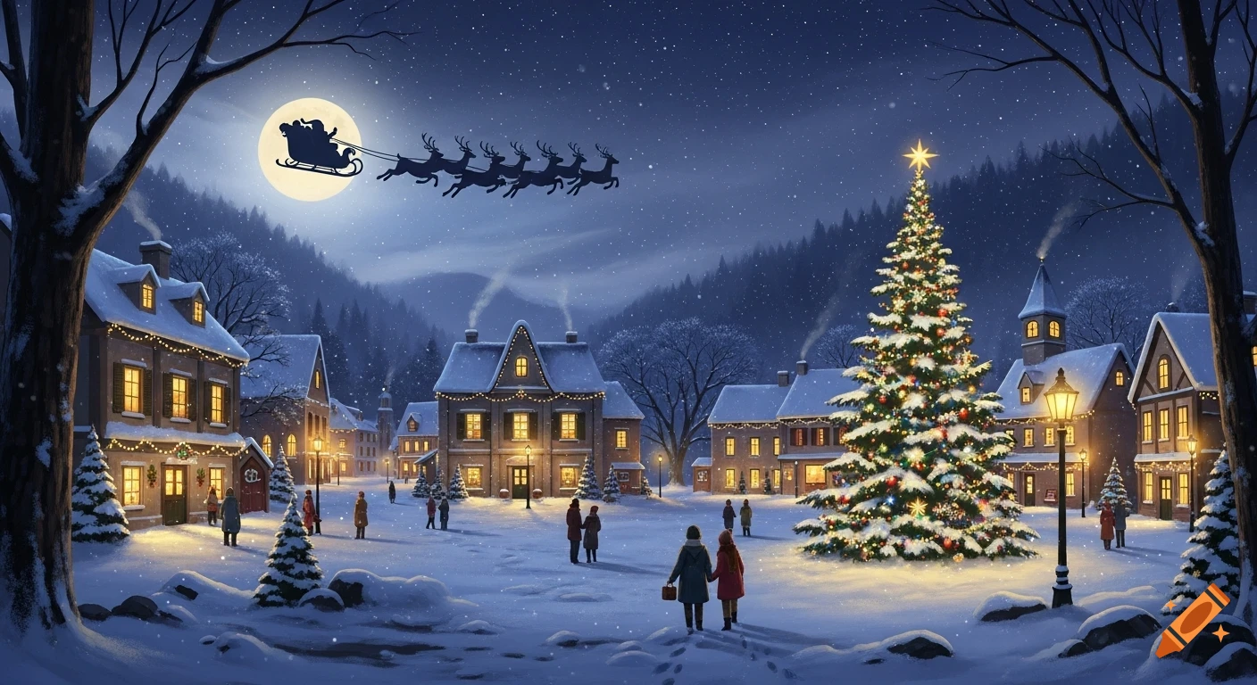 Snowy Christmas night in a fairytale town with glowing lights, a large decorated Christmas tree, and Santa's sleigh flying across the moon.