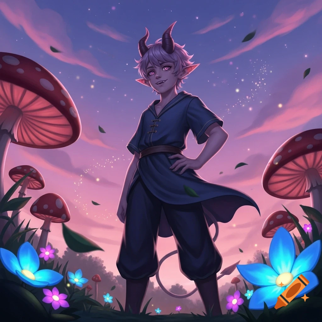 Cute anime demon with purple hair, horns, and a tail, standing confidently among giant mushrooms and glowing flowers under a pink and purple twilight sky.