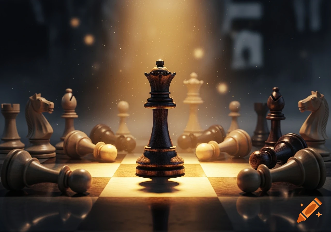 A photorealistic image of a black chess queen standing amidst fallen pieces on a chessboard under dramatic golden light.