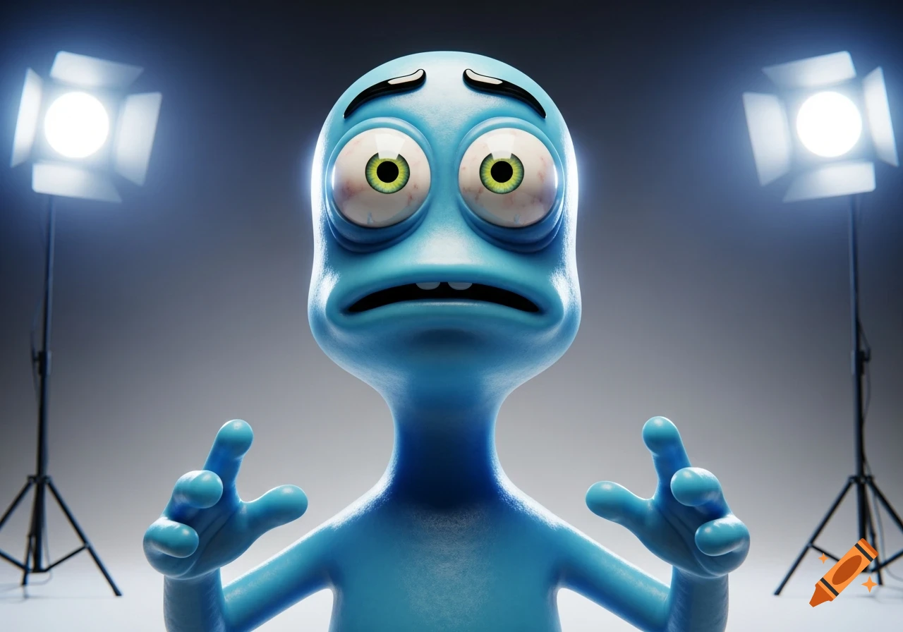 A light blue, cartoonish, alien-like character with wide, bloodshot eyes and an anxious expression, standing under two stage lights.