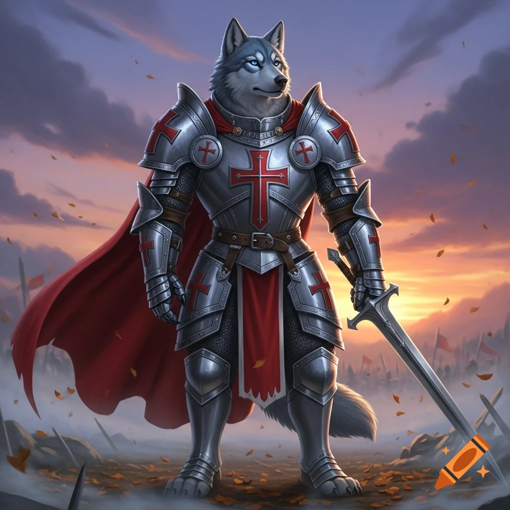 A majestic anthropomorphic wolf in shining crusader knight armor with a red cape, holding a sword on a battlefield at sunset.