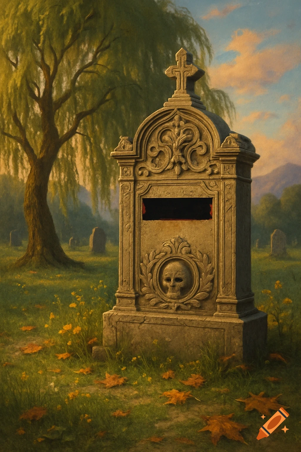 An ornate tombstone with a cross, skull carving, and a black redaction stands in a sunlit cemetery with a willow tree.