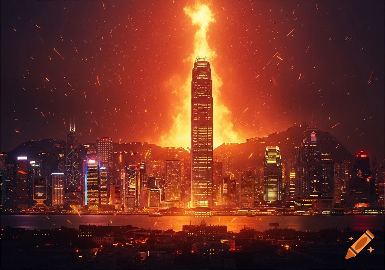 Dramatic image of Hong Kong's skyline at night, a central skyscraper engulfed in a pillar of fire under a dark, ember-filled sky.