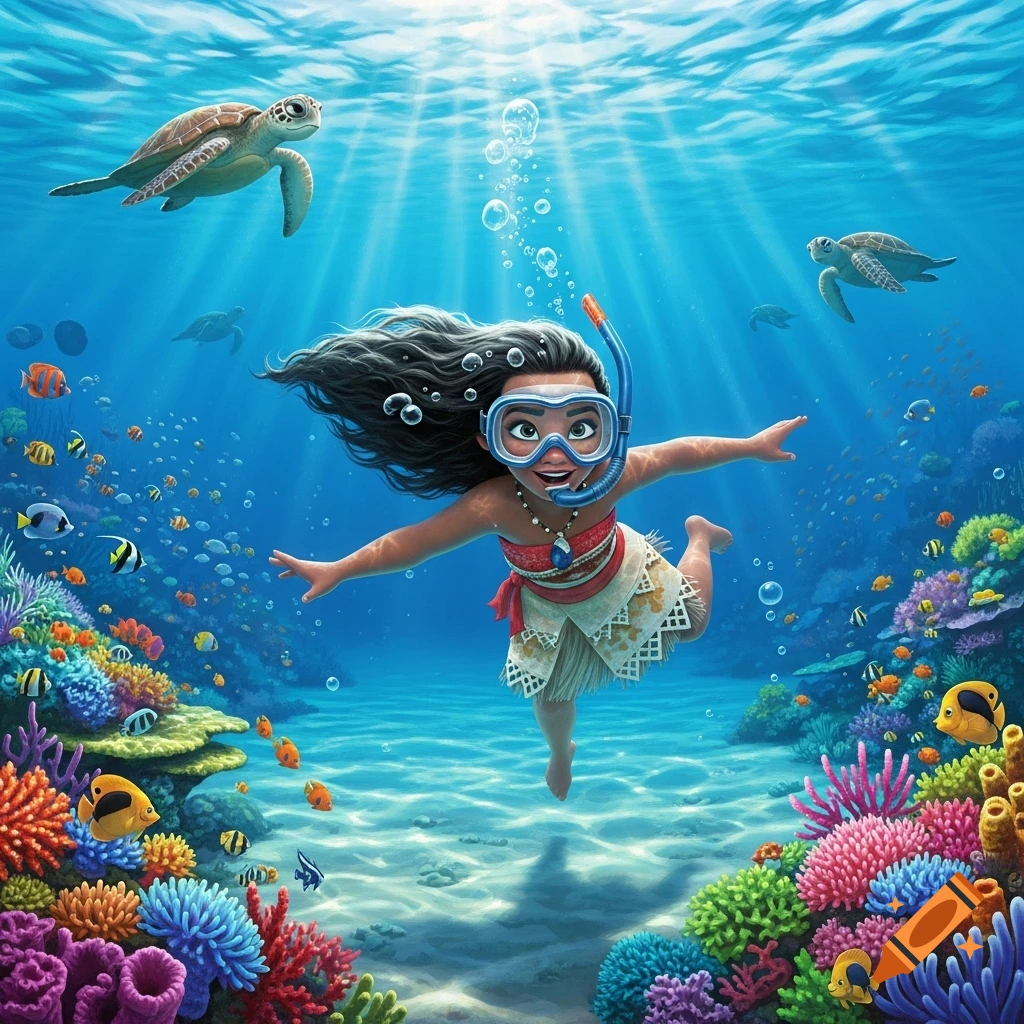 Animated illustration of Moana snorkeling in a vibrant blue ocean, surrounded by colorful coral and marine life, with sun rays from above.