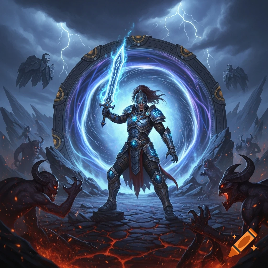A heavily armored warrior with a glowing blue sword stands before a swirling portal, battling horned demons amidst a fiery, stormy landscape.