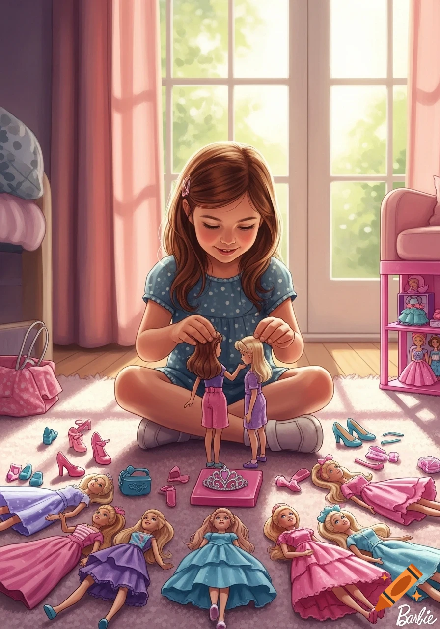 A young girl sits on a rug, happily playing with several Barbie dolls, clothes, and shoes in a sunlit room.