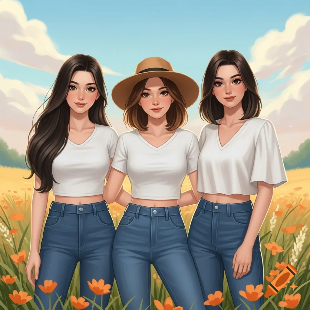 Three smiling cartoon girls in white crop tops and blue jeans stand in a sunny field of orange flowers; one wears a straw hat.
