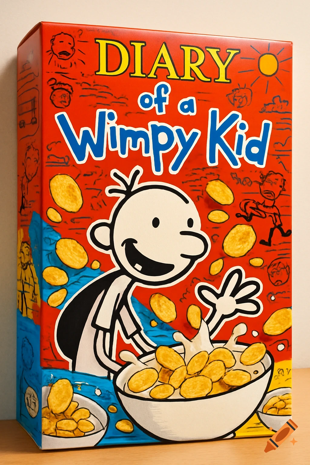 A red cereal box for 'Diary of a Wimpy Kid' with Greg Heffley splashing cereal and milk from a bowl.